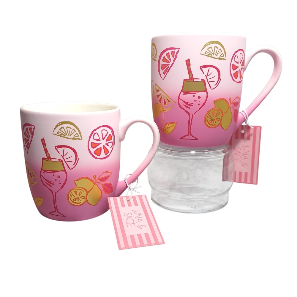 Luna And Sage Mug Coffee/Tea/Lemonade Hot Pink/White/Yellow Hand Wash Only NWT